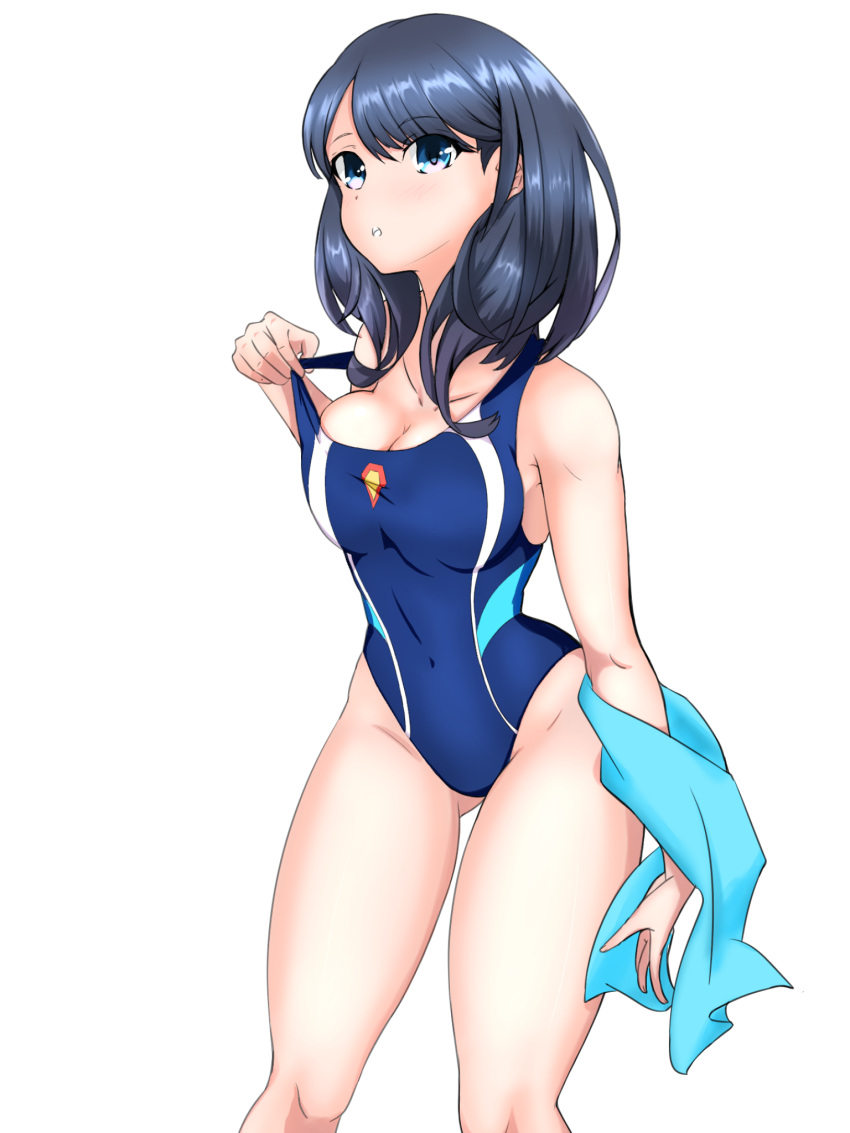 1girl, bangs, black_hair, blue_eyes, blue_swimsuit, blue_towel, breasts, cleavage