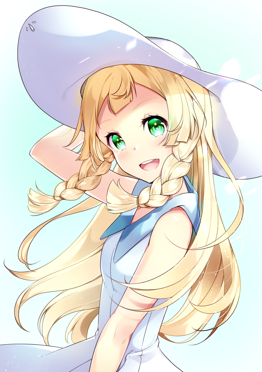 1girl, :d, blonde_hair, bon_(bonbon315), braid, commentary_request, creatures_(company), dress