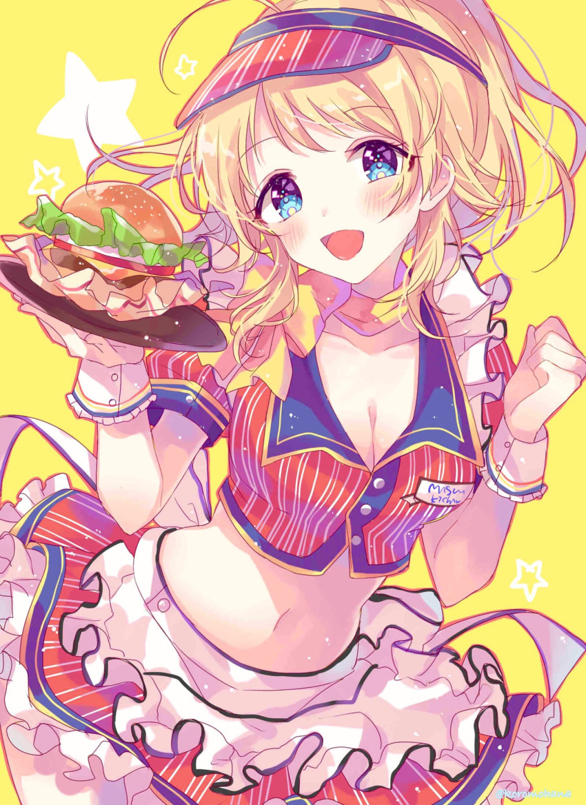 1girl, :d, ahoge, apron, blonde_hair, blue_eyes, blush, breasts, buttons, cleavage, collarbone, crop_top, food, frilled_skirt, frills, hachimiya_meguru, hamburger, hanai_yuyu, hands_up, highres, holding, holding_tray, idolmaster, idolmaster_shiny_colors, light_particles, long_hair, looking_at_viewer, medium_breasts, midriff, miniskirt, navel, neck_ribbon, open_mouth, ponytail, red_skirt, ribbon, short_sleeves, simple_background, skirt, smile, solo, star, stomach, tray, upper_body, visor_cap, waist_apron, wing_collar, wrist_cuffs, yellow_background