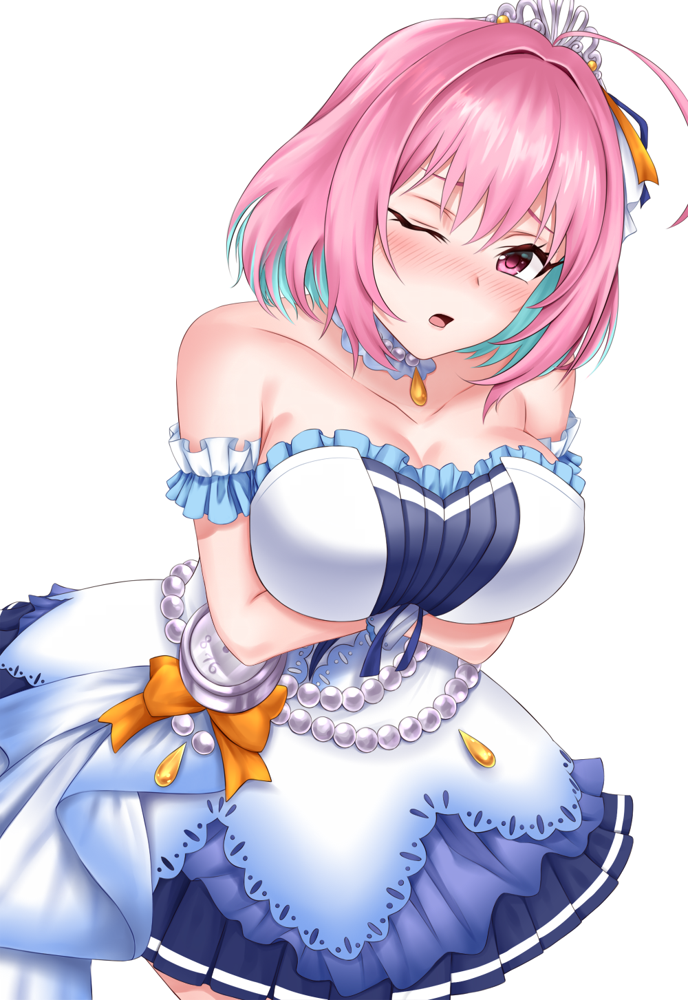 1girl, ahoge, arm_garter, bangs, bare_shoulders, blue_hair, blush, bow