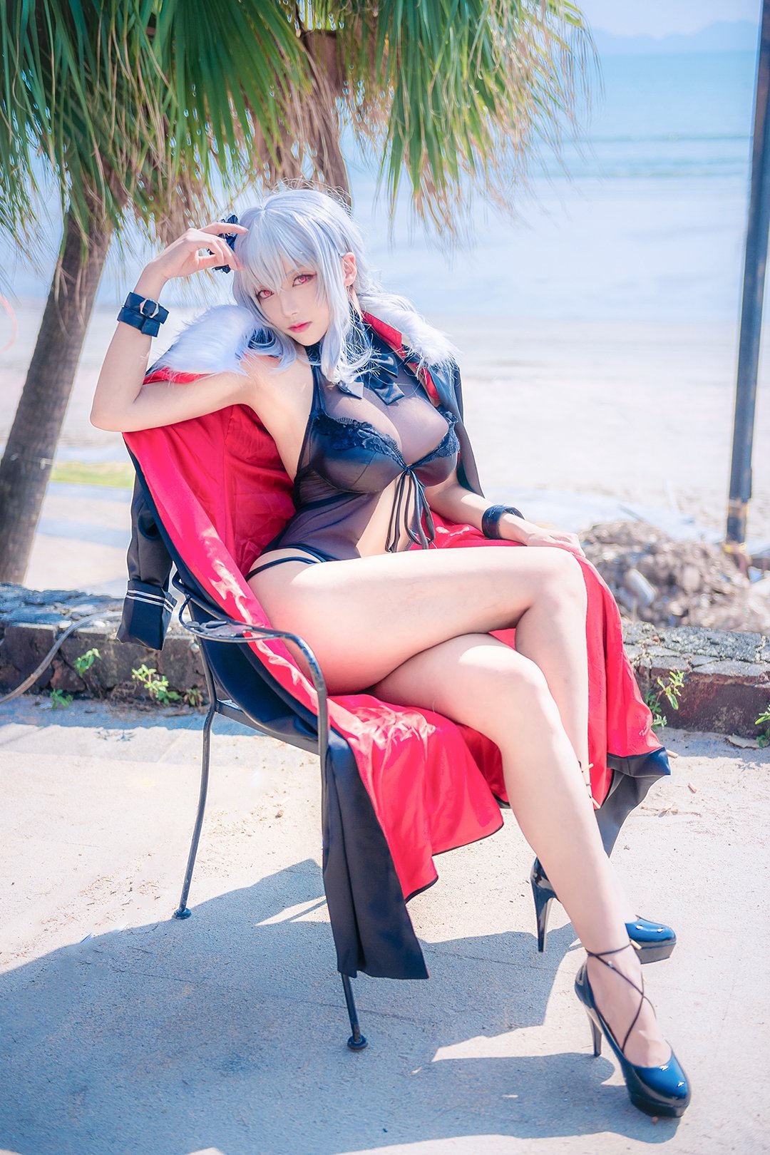1girl, arm_up, armpits, asian, azur_lane, bangs, bare_legs, black_coat
