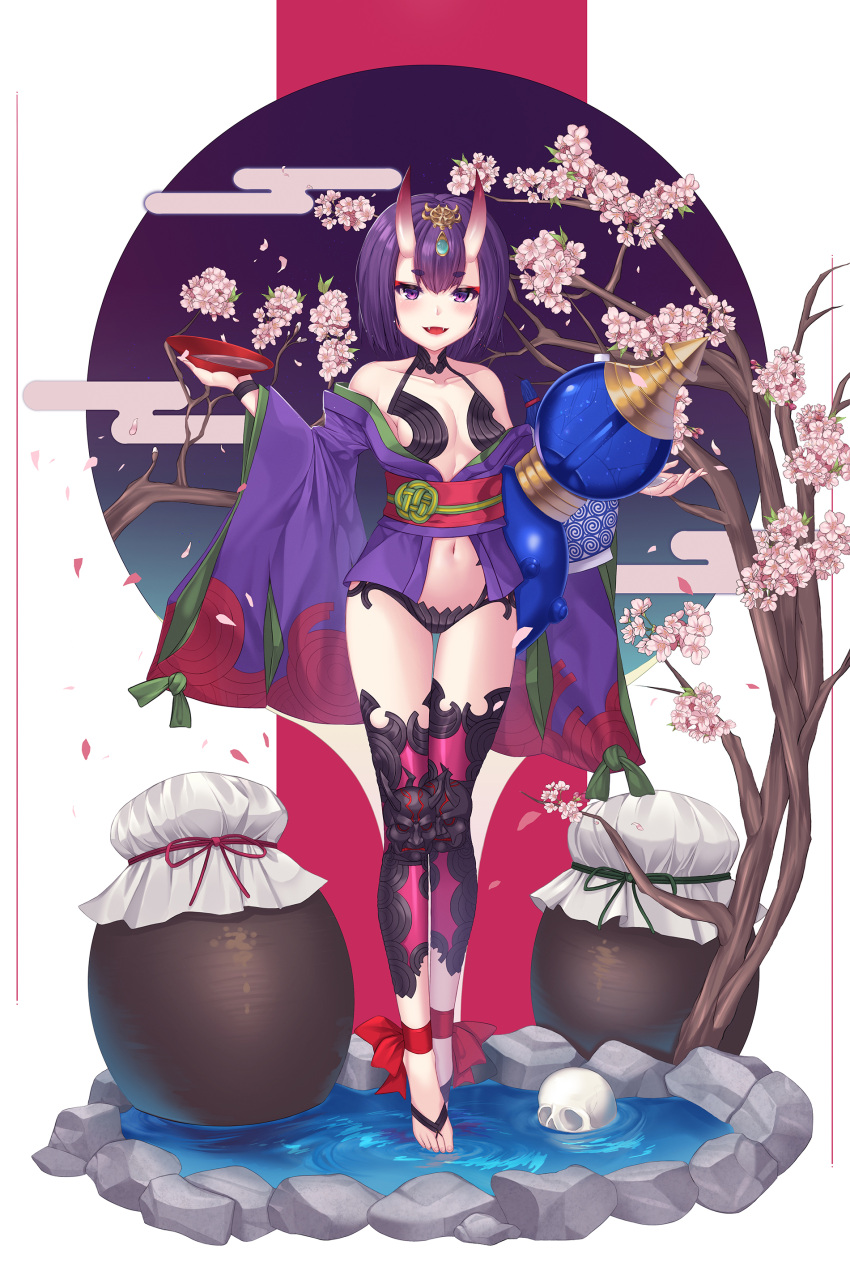 1girl, absurdres, blush, bowl, breasts, cherry_blossoms, cleavage, eyebrows_visible_through_hair