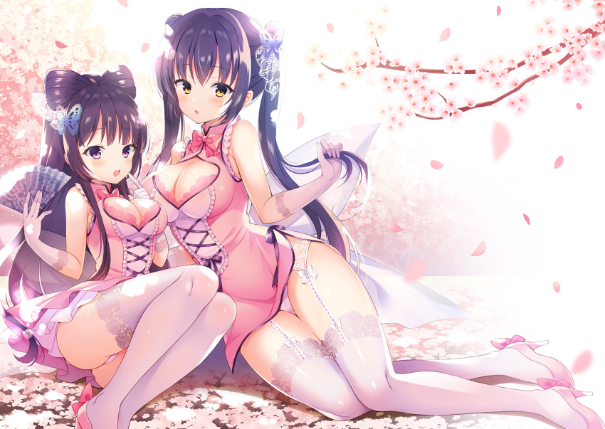 2girls, bangs, bare_shoulders, blush, breasts, brown_eyes, brown_hair, butterfly_hair_ornament