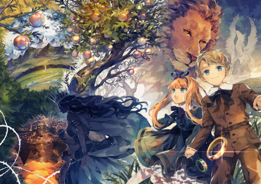 2boys, 2girls, :d, animal, apple, apple_tree, aquariumtama, armlet, aslan_(the_chronicles_of_narnia), backless_dress, backless_outfit, bracelet, brown_jacket, brown_pants, cape, character_request, commentary_request, crown, digory_kirke, dress, fantasy, floating_hair, food, from_side, fruit, glint, golden_apple, green_dress, green_eyes, hair_ribbon, hairband, hand_holding, holding, holding_food, holding_fruit, jacket, jadis_the_white_witch, jewelry, light_brown_hair, lion, long_hair, long_sleeves, looking_at_viewer, looking_away, mountain, multiple_boys, multiple_girls, neck_ribbon, official_art, open_mouth, orange_hair, pants, pegasus, petticoat, polly_plummer, profile, pyramid, ribbon, ring, river, sky, sleeveless, sleeveless_dress, smile, the_chronicles_of_narnia, thorns, tree, upside-down, very_long_hair