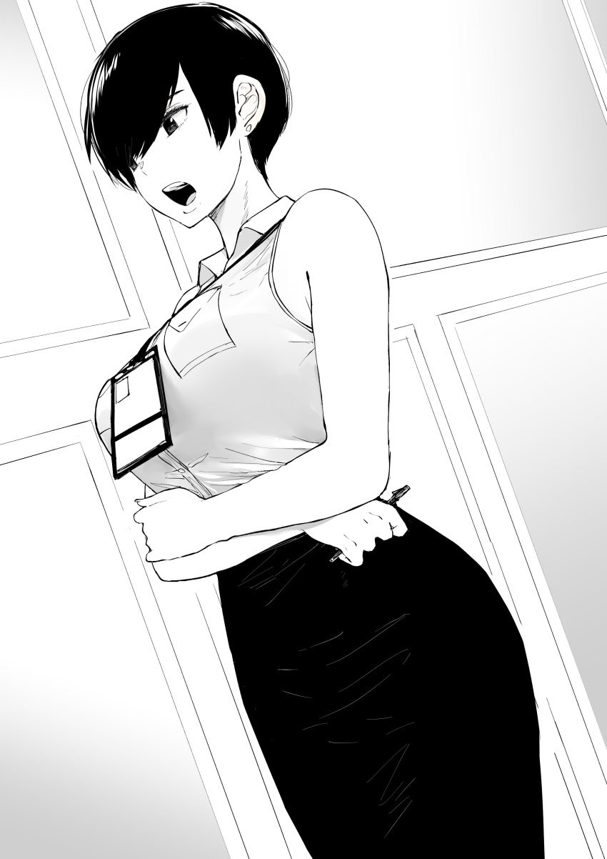 1girl, absurdres, badge, bangs, bare_shoulders, black_skirt, breasts, collared_shirt