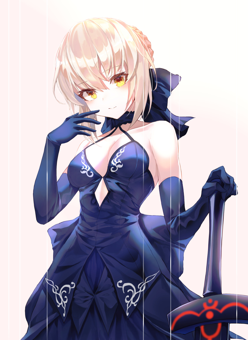 1girl, absurdres, artoria_pendragon_(all), bangs, bare_shoulders, blonde_hair, blue_bow, blue_dress
