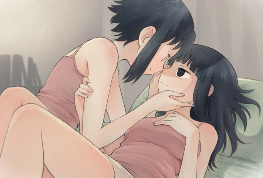 2girls, bernard-jou_iwaku., black_eyes, black_hair, camisole, commentary, hands_on_another's_face, kanbayashi_shiori