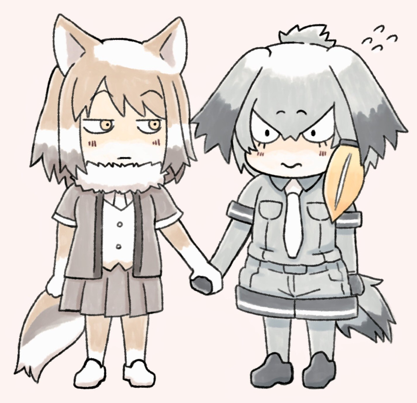 2girls, 3:, :|, animal_ears, bangs, bird_tail, blonde_hair, chibi, closed_mouth, commentary_request, edano_kiui, elbow_gloves, eyebrows_visible_through_hair, flying_sweatdrops, fox_ears, fox_tail, fur_collar, gloves, grey_hair, grey_shirt, grey_shorts, hair_between_eyes, hand_holding, highres, jitome, kemono_friends, light_brown_hair, looking_at_another, low_ponytail, medium_hair, multicolored_hair, multiple_girls, necktie, pink_background, pleated_skirt, shirt, shoebill_(kemono_friends), shorts, side_ponytail, simple_background, skirt, tail, tibetan_sand_fox_(kemono_friends), wavy_mouth, white_hair, white_neckwear