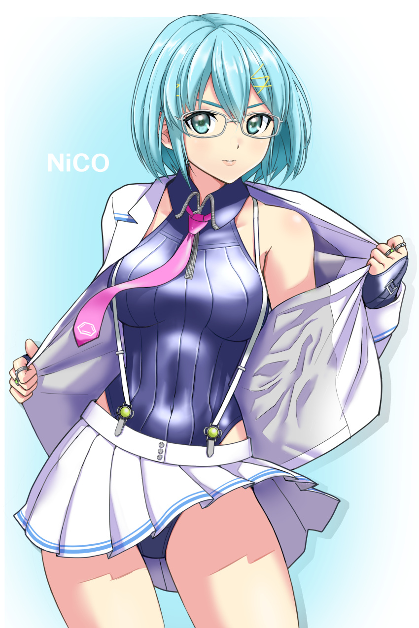 1girl, absurdres, aqua_eyes, aqua_hair, blue_gloves, blue_leotard, character_name, commentary_request
