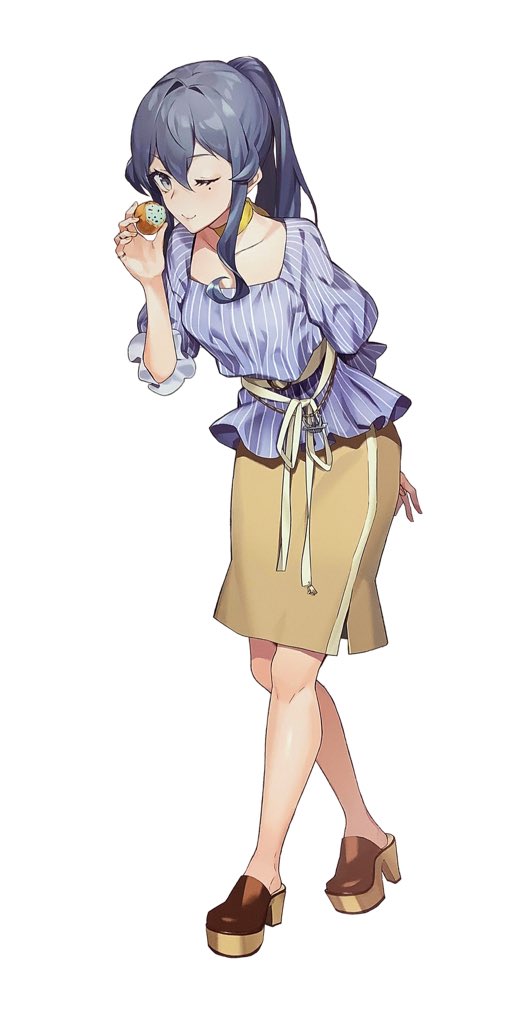 1924, 1girl, ;), anchor, belt, blue_dress, blue_hair, brown_skirt, collarbone, cream_puff, dress, drew_(drew213g), food, gotland_(kantai_collection), green_eyes, kantai_collection, long_hair, medium_skirt, mole, mole_under_eye, neck, neck_ribbon, official_art, one_eye_closed, ponytail, ribbon, skirt, smile, striped, striped_dress, white_background, yellow_ribbon