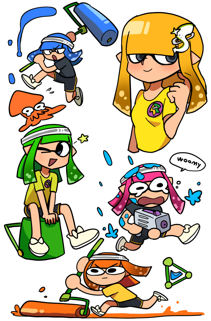 >_o, 5girls, ;d, badge, black_shirt, black_shorts, blonde_hair, blue_hair