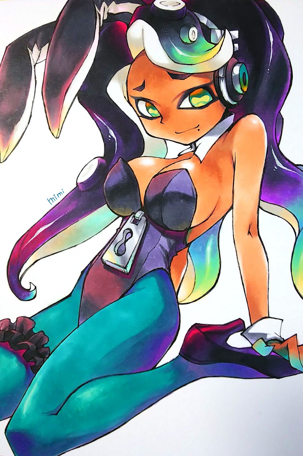 1girl, animal_ears, breasts, bunnysuit, dark_skin, green_eyes, green_legwear, headphones, high_heels, highres, large_breasts, marina_(splatoon), marker_(medium), mole, mole_under_mouth, oversized_zipper, pantyhose, rabbit_ears, sitting, smile, splatoon, splatoon_(series), splatoon_2, tentacle_hair, thigh_strap, traditional_media, wariza