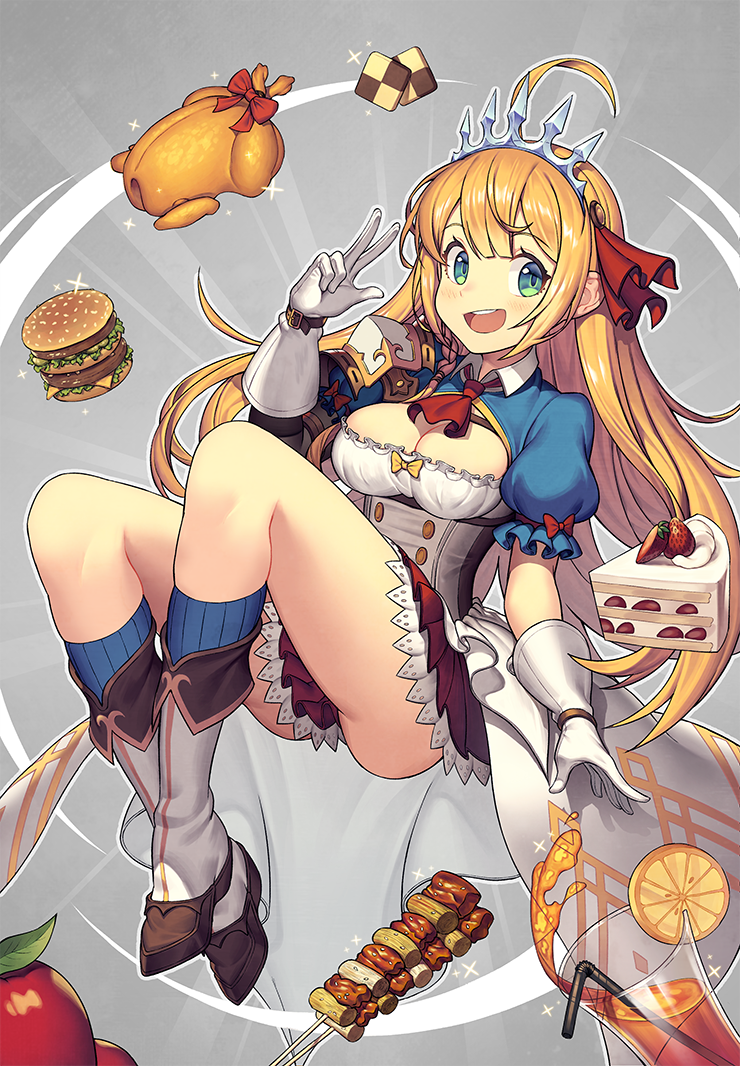 1girl, ahoge, bangs, barbecue, blue_eyes, boots, breasts, cake