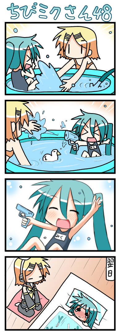 4koma, bikini, blush, chibi, chibi_miku, comic, futon, hatsune_miku