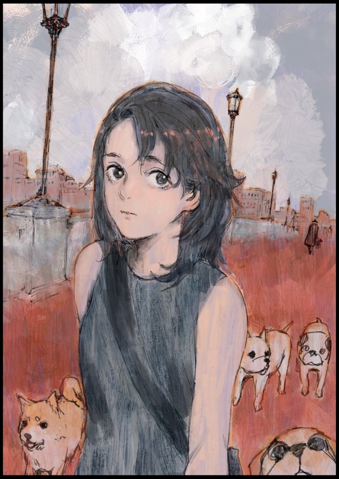 12v, 1girl, bag, black_eyes, black_hair, black_shirt, building, clouds