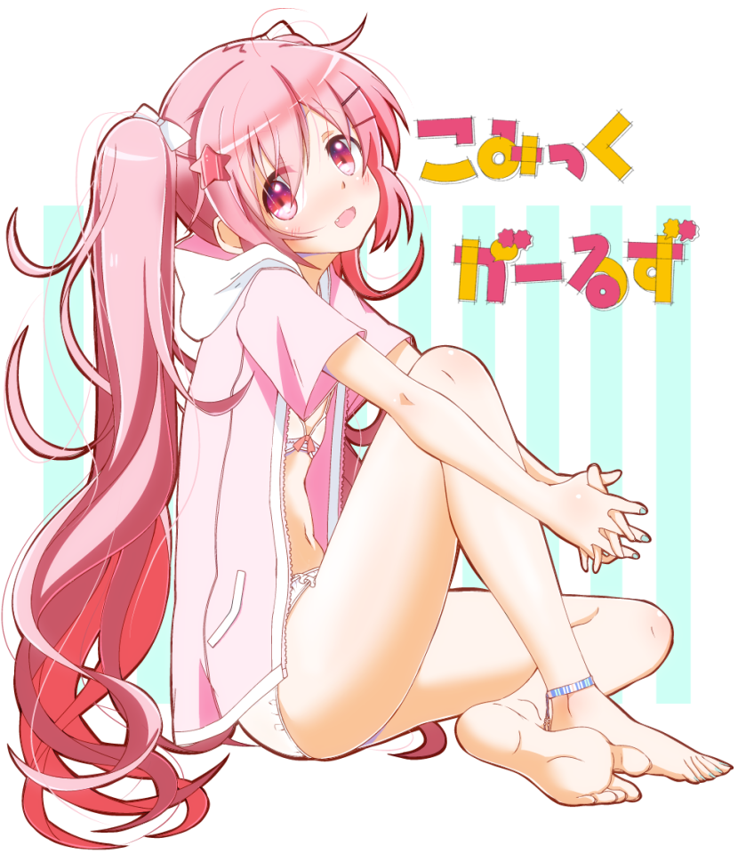 1girl, azumaya_(miyui001), bikini, blush, breasts, comic_girls, commentary_request, fang, hair_ornament, hair_ribbon, hairclip, hands_together, hood, hooded_jacket, jacket, long_hair, looking_at_viewer, moeta_kaoruko, navel, open_mouth, pink_eyes, pink_hair, ribbon, simple_background, sitting, small_breasts, solo, star, star_hair_ornament, swimsuit