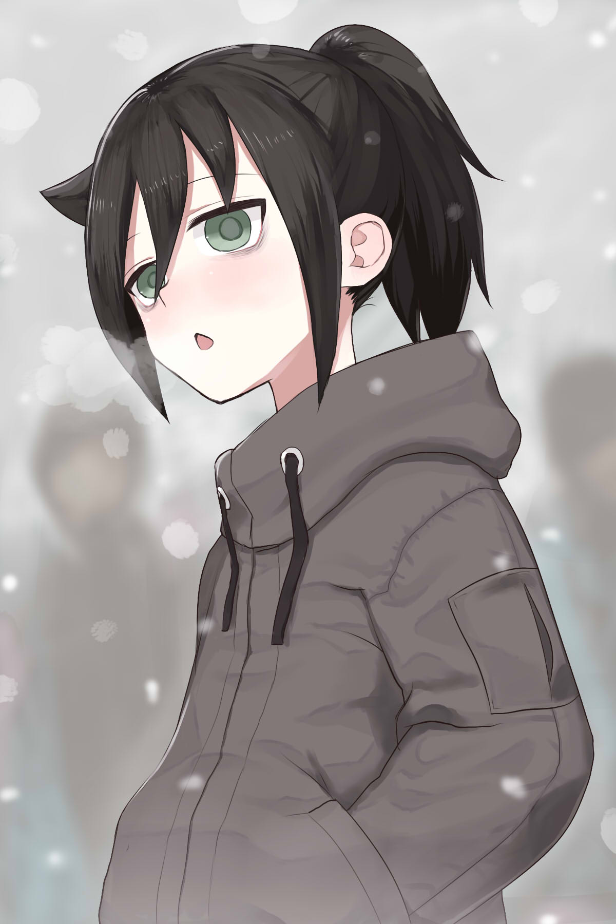 1girl, black_hair, blush, commentary_request, from_side, green_eyes, grey_jacket, hands_in_pockets