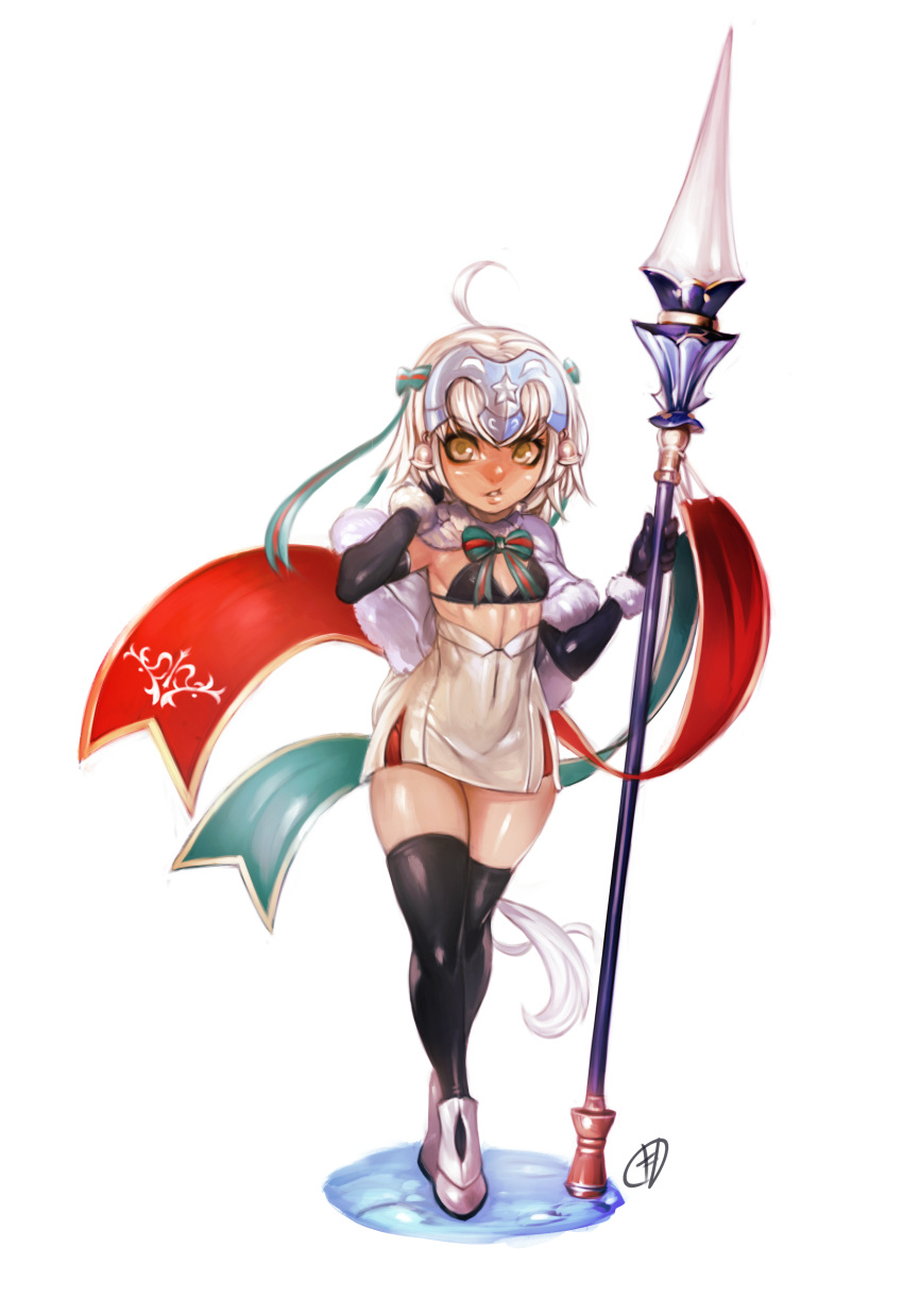1girl, absurdres, ahoge, bangs, bell, black_bikini_top, black_gloves, black_legwear, blonde_hair, bow, capelet, elbow_gloves, eyebrows_visible_through_hair, fate/grand_order, fate_(series), filemonte, full_body, gloves, green_bow, green_ribbon, hair_ornament, headpiece, highres, holding, jeanne_d'arc_(fate)_(all), jeanne_d'arc_alter_santa_lily, paid_reward, patreon_reward, ribbon, short_hair, simple_background, solo, standing, striped, striped_bow, striped_ribbon, thigh-highs, white_background, white_capelet, yellow_eyes