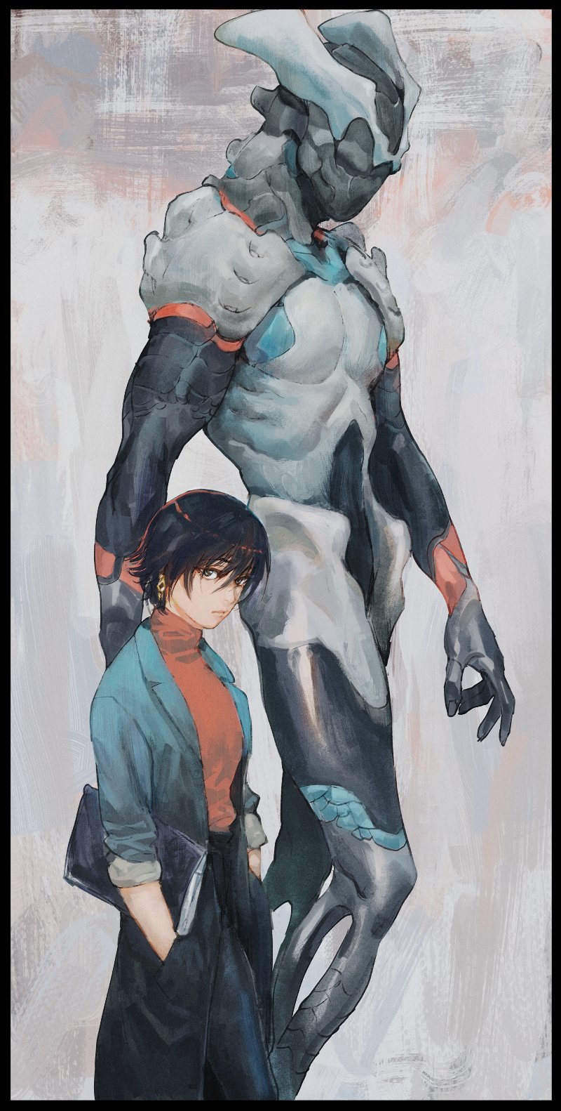 12v, 1girl, 1other, black_coat, black_hair, blue_coat, coat, from_side