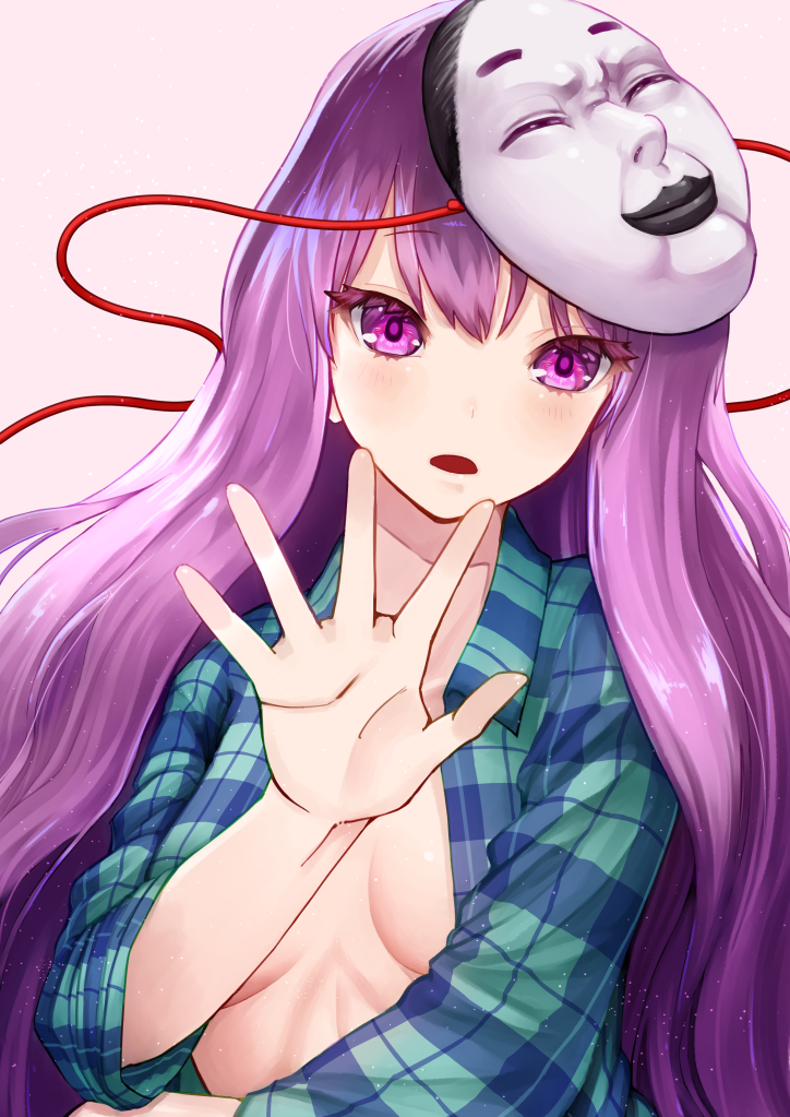 1girl, blue_shirt, blush, breasts, burikarun, commentary_request, hand_up, hata_no_kokoro