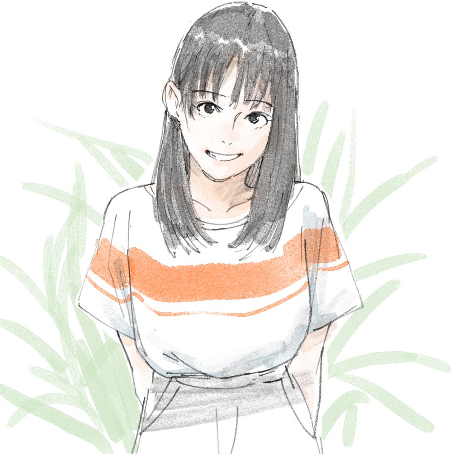 12v, 1girl, arms_behind_back, bangs, black_eyes, black_hair, grass, long_hair