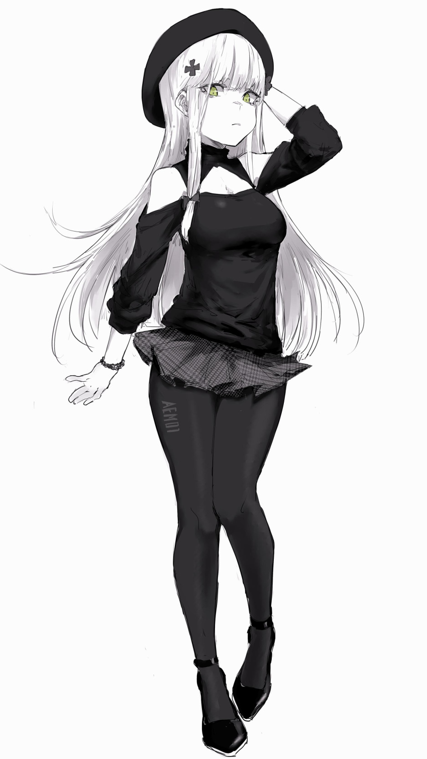 1girl, absurdres, alma01, arm_up, bare_shoulders, bracelet, breasts, cleavage, cleavage_cutout, commentary, english_commentary, full_body, girls_frontline, green_eyes, greyscale, hair_ornament, hat, highres, hk416_(girls_frontline), jewelry, medium_breasts, monochrome, pantyhose, pleated_skirt, sidelocks, simple_background, skirt, solo, spot_color, white_background