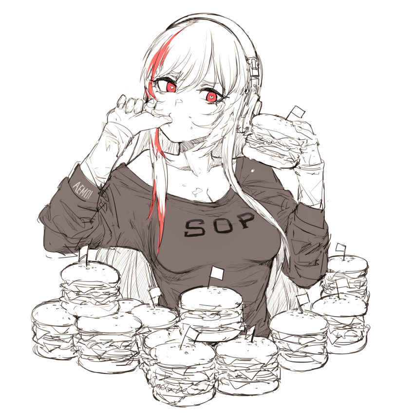 1girl, alma01, breasts, cleavage, engrish_commentary, finger_licking, food, girls_frontline