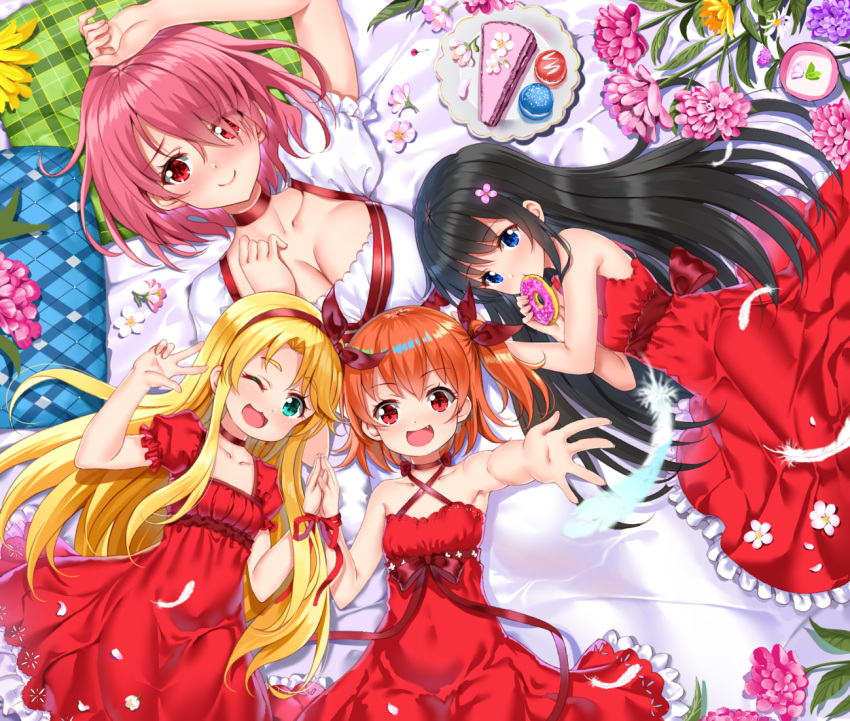 4girls, arm_up, bare_arms, bare_shoulders, bed_sheet, black_hair, blonde_hair, blue_eyes