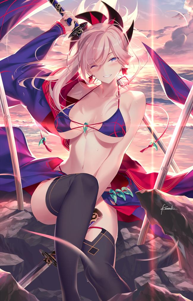 1girl, asymmetrical_hair, backlighting, bangs, bare_shoulders, bikini, black_legwear, blue_bikini, blue_eyes, blue_kimono, blush, breasts, cleavage, collarbone, earrings, fate/grand_order, fate_(series), grin, hair_ornament, japanese_clothes, jewelry, katana, kimono, kimono_removed, kousaki_rui, large_breasts, long_hair, looking_at_viewer, magatama, miyamoto_musashi_(fate/grand_order), navel, ocean, one_eye_closed, pink_hair, ponytail, signature, sitting, smile, solo, sunset, swept_bangs, swimsuit, sword, thigh-highs, thighs, weapon, wide_sleeves