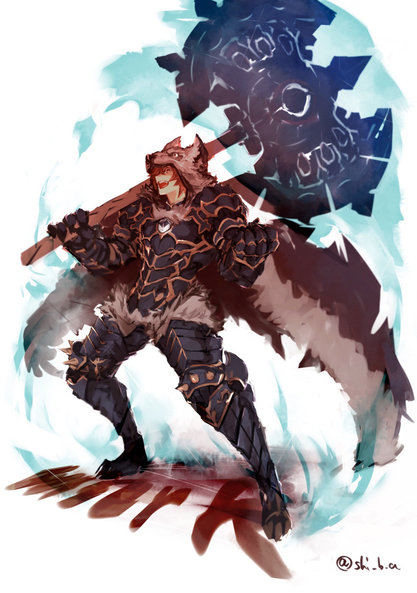 1boy, absurdres, animal_pelt, armor, axe, berserk, brown_eyes, brown_hair