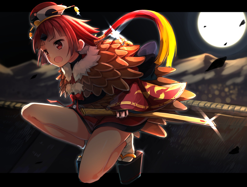 1girl, benienma_(fate/grand_order), fate/grand_order, fate_(series), feather_trim, geta, gradient_hair, hat, highres, low_ponytail, minowa_sukyaru, mountainous_horizon, multicolored_hair, on_roof, open_mouth, sheath, wide_sleeves