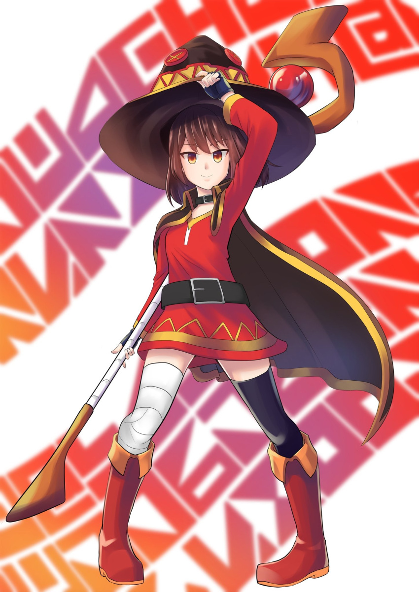 1girl, akatsuki_toyo26, bandage, bandaged_leg, bandages, belt, black_belt, black_gloves, black_hair, black_legwear, boots, brown_footwear, cape, choker, commentary_request, dress, eyebrows_visible_through_hair, fingerless_gloves, flat_chest, gloves, hat, highres, holding, holding_staff, kono_subarashii_sekai_ni_shukufuku_wo!, looking_at_viewer, megumin, red_dress, red_eyes, single_thighhigh, solo, staff, thigh-highs, witch_hat, yellow_eyes