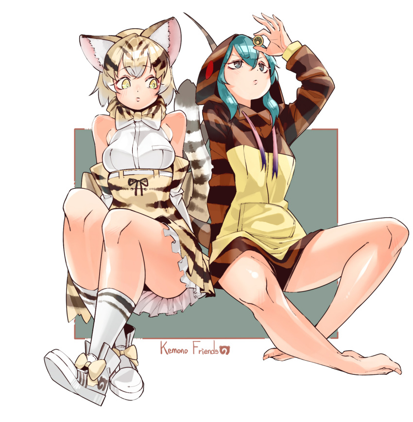 2girls, animal_ear_fluff, animal_ears, aqua_hair, bangs, bare_legs, bare_shoulders, barefoot