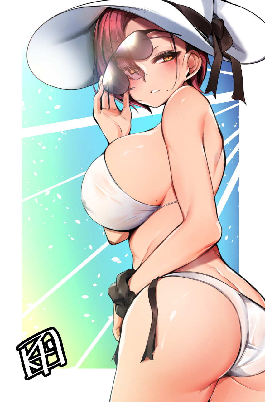 1girl, absurdres, ass, back, bangs, bare_shoulders, bikini, black_scrunchie