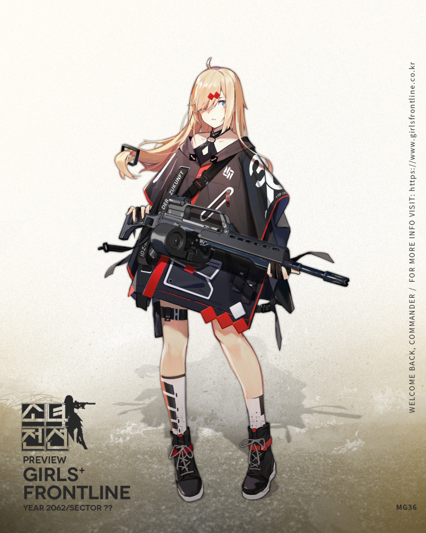1girl, ahoge, assault_rifle, asymmetrical_legwear, bangs, black_gloves, blonde_hair, blue_eyes