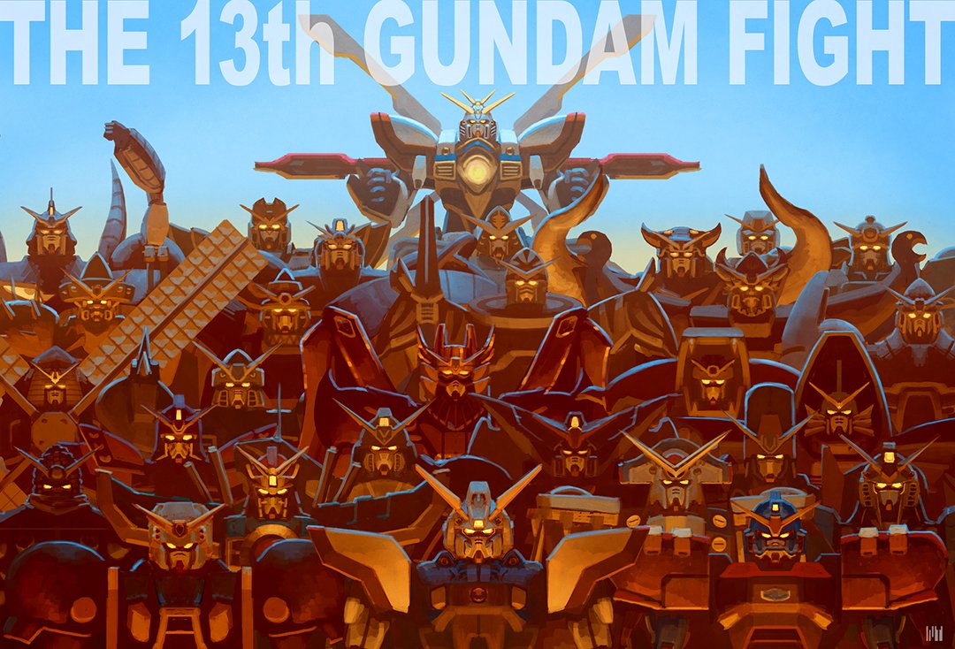 ashura_gundam, blue_background, bolt_gundam, clenched_hands, cobra_gundam, dragon_gundam, english_text, everyone