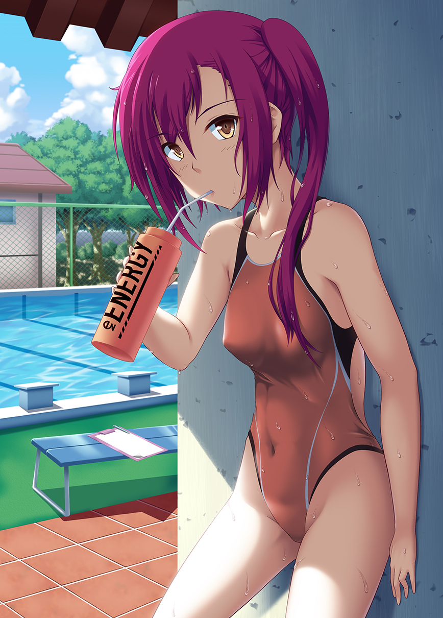 1girl, bench, blue_sky, bottle, breasts, brown_eyes, chain-link_fence, choukou_shinki_ixseal, clipboard, clouds, commentary_request, competition_swimsuit, covered_navel, cowboy_shot, day, drinking_straw, fence, hair_between_eyes, highres, house, houshou_kirika, long_hair, looking_at_viewer, mottio, one-piece_swimsuit, outdoors, pool, redhead, side_ponytail, sky, small_breasts, solo, swimsuit, tree, water_bottle, wet, wet_clothes, wet_swimsuit