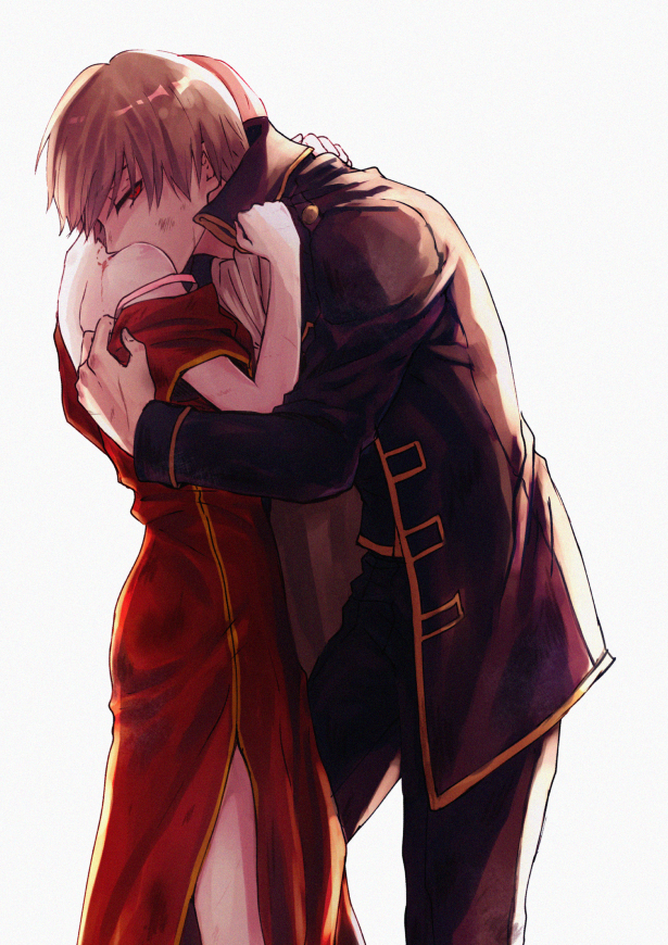 1girl, bite_mark, black_jacket, black_pants, bow, brown_hair, bruise_on_face, couple
