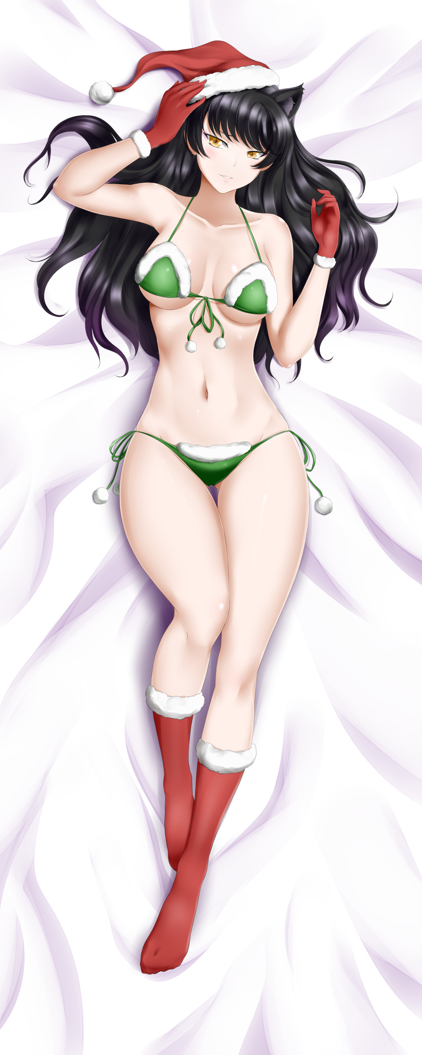 1girl, absurdres, alfred_cullado, animal_ears, bangs, bed_sheet, black_hair, blake_belladonna, boots, bra, breasts, cat_ears, cleavage, collarbone, dakimakura, from_above, front-tie_bra, full_body, fur-trimmed_boots, fur-trimmed_bra, fur-trimmed_gloves, fur-trimmed_hat, fur-trimmed_panties, fur_trim, gloves, gradient_hair, green_bra, green_panties, halterneck, hat, highres, huge_filesize, incredibly_absurdres, long_hair, looking_at_viewer, lying, medium_breasts, multicolored_hair, navel, on_back, on_bed, paid_reward, panties, patreon_reward, purple_hair, red_footwear, red_gloves, red_headwear, rwby, santa_boots, santa_hat, shiny, shiny_hair, shiny_skin, side-tie_panties, side_ponytail, smile, solo, two-tone_hair, under_boob, underwear, underwear_only, yellow_eyes