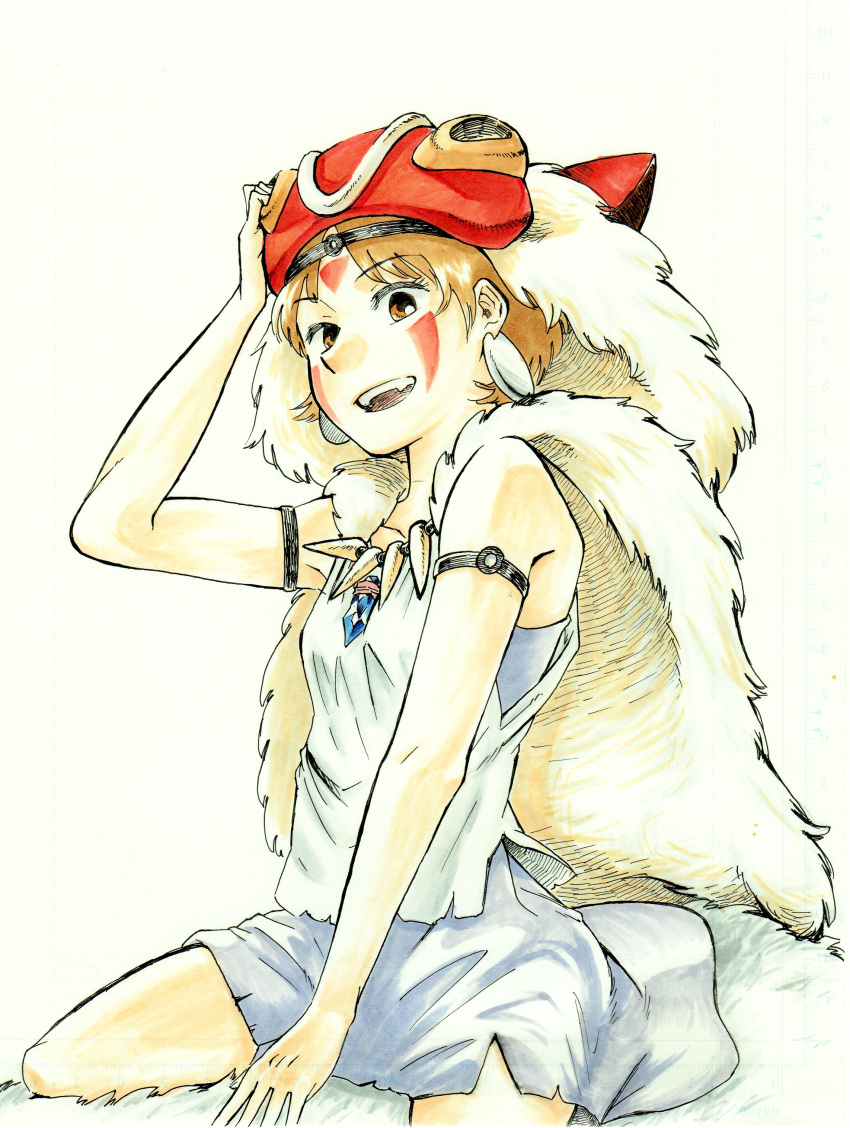 1girl, absurdres, ballpoint_pen_(medium), bare_arms, breasts, brown_hair, commentary_request, earrings