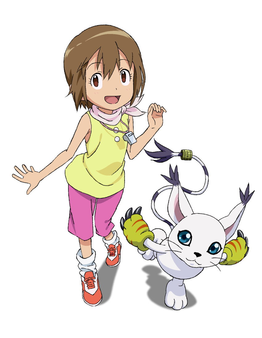 1girl, brown_eyes, brown_hair, commentary_request, digimon, digimon_adventure, gloves, highres, looking_at_viewer, multiple_girls, short_hair, simple_background, smile, tailmon, traditional_media, utsuki, white_background, yagami_hikari