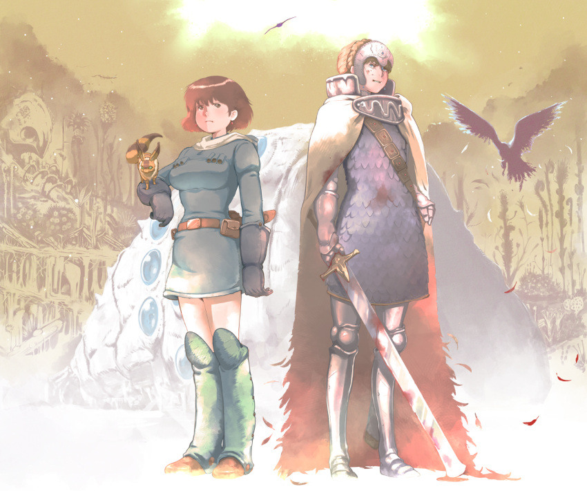 animal, armor, bird, breasts, brown_eyes, brown_hair, closed_mouth, commentary_request