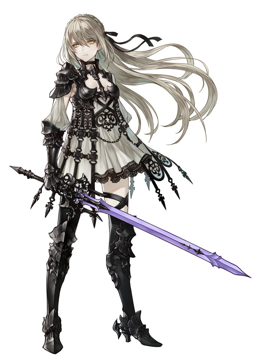 1girl, armor, armored_dress, armpit_cutout, bangs, boots, braid, breasts
