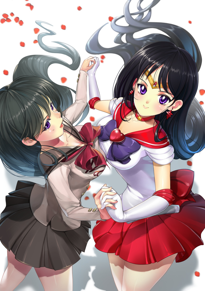 2girls, :d, absurdres, back_bow, bare_legs, bishoujo_senshi_sailor_moon, black_hair, blurry