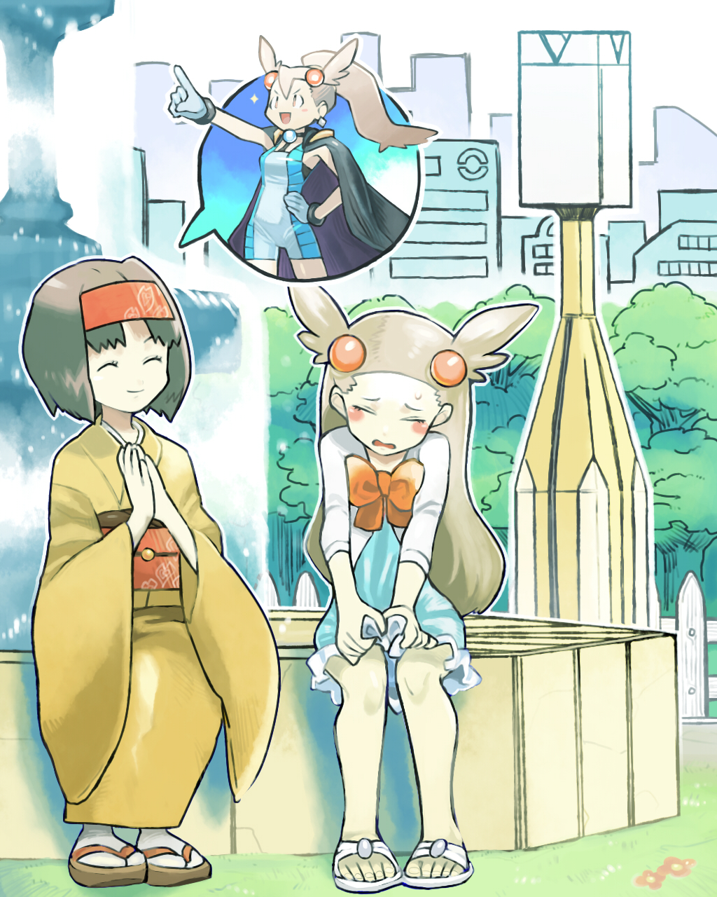 2girls, :d, ^_^, black_cape, black_hair, blue_dress, blue_gloves, bow, building, cape, closed_eyes, closed_eyes, closed_mouth, cosplay, creatures_(company), donnpati, dress, erika_(pokemon), fence, flower, fountain, furrowed_eyebrows, game_freak, geta, gloves, grass, gym_leader, hair_ornament, hairband, hands_together, hands_up, highres, ibuki_(pokemon), ibuki_(pokemon)_(cosplay), index_finger_raised, jacket, japanese_clothes, kimono, light_brown_hair, long_hair, long_sleeves, mikan_(pokemon), multiple_girls, nintendo, obi, open_clothes, open_jacket, open_mouth, orange_bow, outdoors, outline, picket_fence, pointing, pokemon, pokemon_(game), pokemon_hgss, ponytail, red_flower, red_hairband, sandals, sash, short_dress, short_hair, short_jumpsuit, sitting, sleeves_past_elbows, smile, sparkle, speech_bubble, tabi, tree, v-shaped_eyebrows, water, white_footwear, white_jacket, white_legwear, white_outline, wide_sleeves, wooden_fence, yellow_kimono