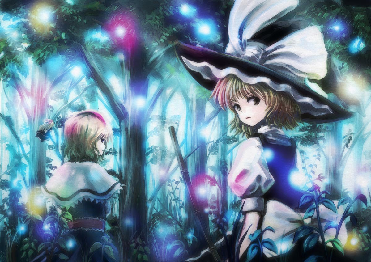 2girls, alice_margatroid, blonde_hair, broom, doll, forest, forest_of_magic, glowing