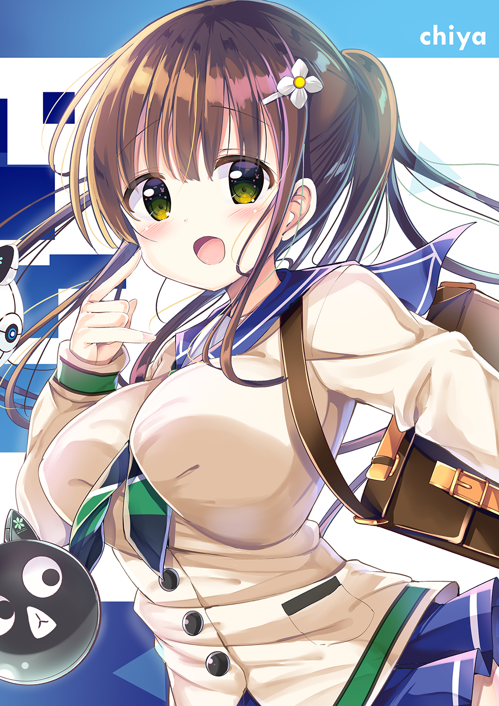 1girl, :d, bangs, between_breasts, blue_sailor_collar, blue_skirt, blush, breasts, brown_cardigan, brown_hair, cardigan, character_name, clockwork_rabbit, commentary_request, eyebrows_visible_through_hair, fingernails, flower, gochuumon_wa_usagi_desu_ka?, green_eyes, hair_between_eyes, hair_flower, hair_ornament, hairclip, hand_phone, hand_up, highres, kurou_(quadruple_zero), large_breasts, long_sleeves, looking_at_viewer, nail_polish, open_mouth, pink_nails, pleated_skirt, ponytail, robot, sailor_collar, school_briefcase, school_uniform, serafuku, skirt, sleeves_past_wrists, smile, solo, ujimatsu_chiya, white_flower