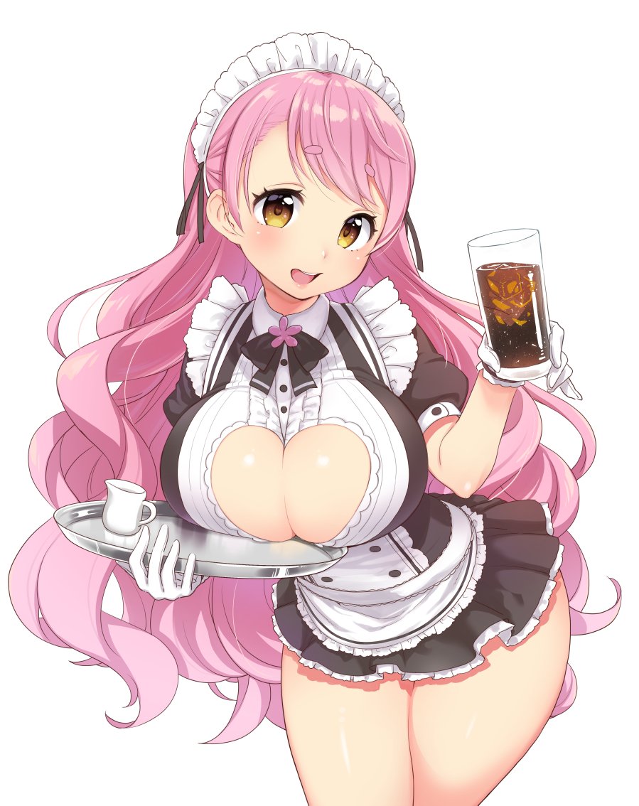 1girl, aizono_manami, bangs, blush, breast_rest, breasts, breasts_on_tray, carried_breast_rest