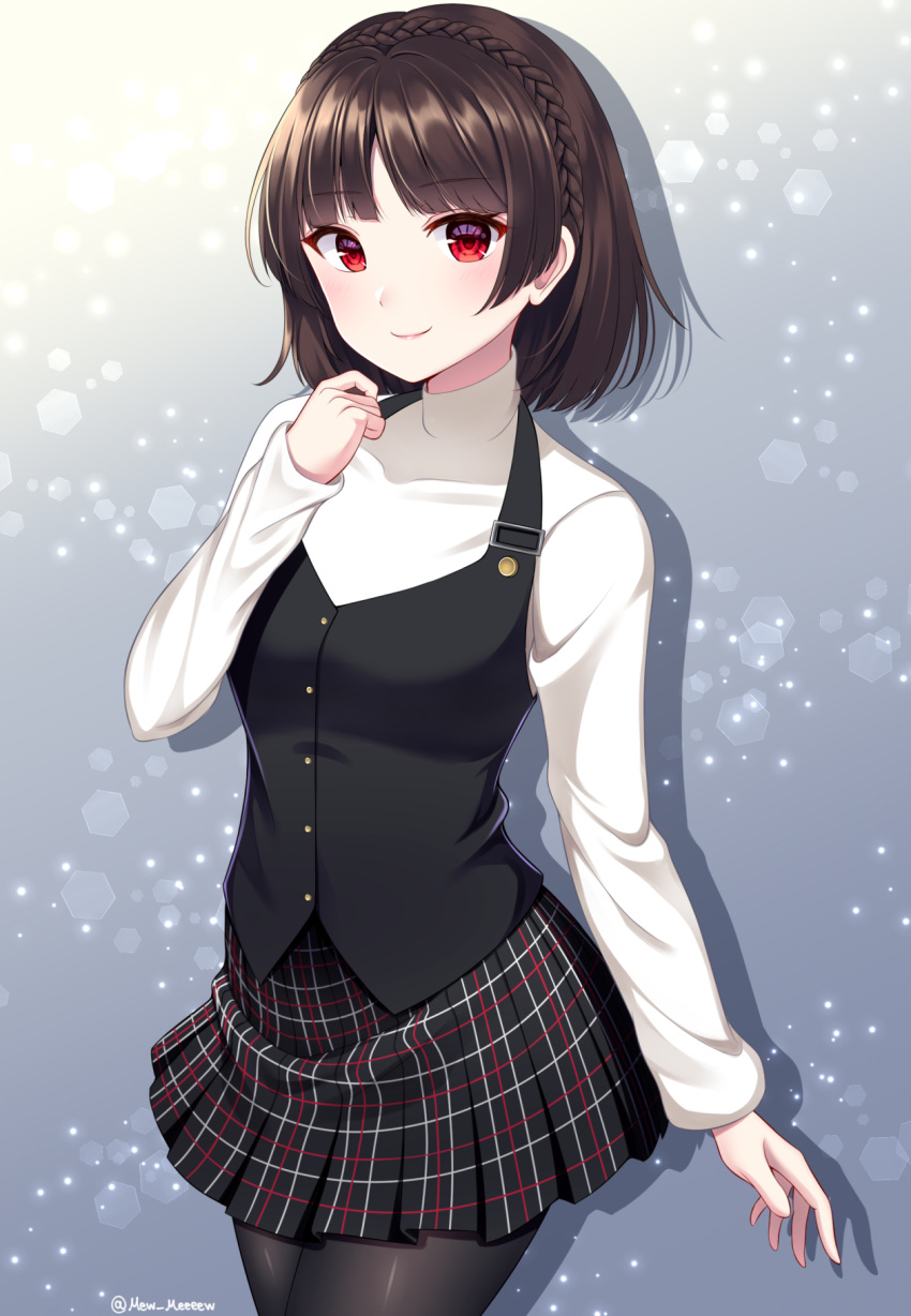 1girl, artist_name, bangs, black_hair, black_legwear, black_skirt, braid, breasts, commentary_request, cowboy_shot, crown_braid, eyebrows_visible_through_hair, highres, long_sleeves, looking_at_viewer, nabekokoa, niijima_makoto, pantyhose, persona, persona_5, pleated_skirt, red_eyes, shirt, short_hair, skirt, smile, solo, white_shirt