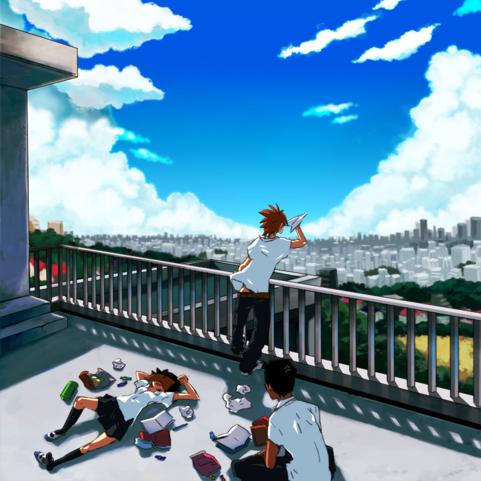 cityscape, cloud, clouds, konno_makoto, mamiya_chiaki, roof, rooftop, rugo